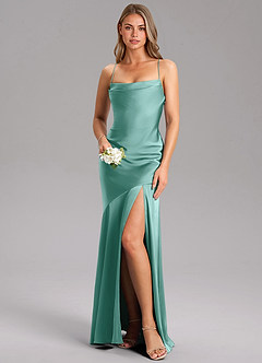 Azazie Grata Bridesmaid Dresses Aqua Sheath Side Slit Stretch Satin Dress image1