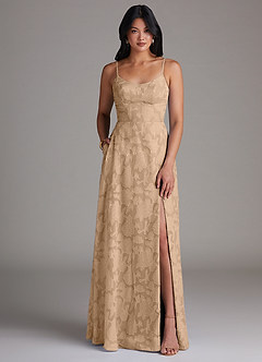Azazie Moira Bridesmaid Dresses Champagne A-Line Side Slit Floral Burnout Dress image1