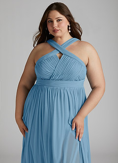 Azazie Hillian Abiti da Damigella Abito A-Line in Maglia con Scollo Halter a Pieghe Blu Acciaio image13