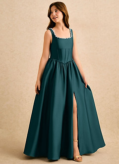 Azazie Enid Girls Formal Blomsterpigekjoler A-Line Perlebesat Stræk satin Gulv-længde Kjole image3