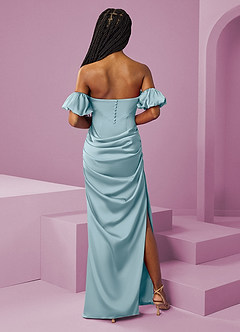 Barbie ♥ Azazie Robes de demoiselle d'honneur Robe Fourreau Convertible en Satin extensible Épaule décolletée Bleu Maussade image9