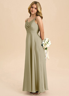 Azazie Bug Junior Vestido de Musgo Verde de Satén Elástico de Corte en A con Plisado image7