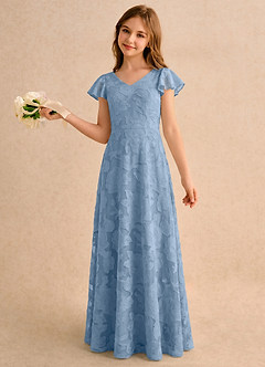 Azazie Narin Girls Formal Blumenmädchenkleider A-Linie mit ärmel Blumen-Burnout Kleid Puderblau image1