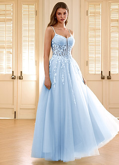 Violettamay Cielo Azul Vestido de fiesta de encaje transparente con corsé y diamantes de imitación image4