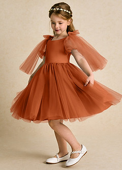 Azazie Duchess Robe Demoiselle D'honneur Fillette Robe Trapèze en Tulle avec manches Orange Brûlée image4