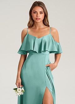 Azazie Jean Jurken voor bruidsmeisjes Jurk van Stretch Satijn met A-Lijn Off the Shoulder Aqua image6