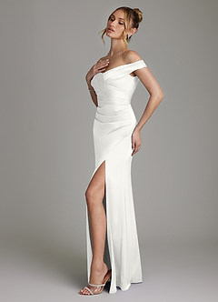 Azazie Teyana Bridesmaid Dresses White Sheath Off the Shoulder Stretch Satin Dress image6