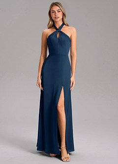 Azazie Tracie Bridesmaid Dresses Dark Navy A-Line Side Slit Stretch Satin Dress image5