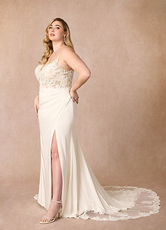 Azazie Rosalina Wedding Dresses Diamond White Sand Mermaid V-Neck lace Crepe Back Satin Dress image8