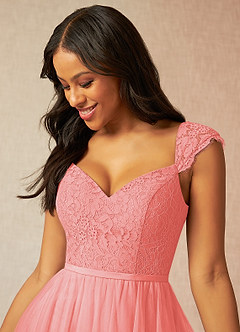 Azazie Luxi Bridesmaid Dresses Coral A-Line Pleated Tulle Dress image4