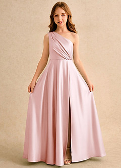 Azazie Puddles Girls Formal Robe Demoiselle D'honneur Fillette Robe Trapèze en Satin extensible Une épaule Rose Pâle image5