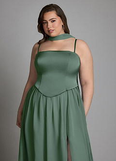 Azazie Cadence At-home Try On Dresses Eucalyptus A-Line Corset Stretch Satin Convertible Dress image17