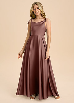 Azazie Popsy Junior Espresso A-Line Bow Stretch Satin Dress image3