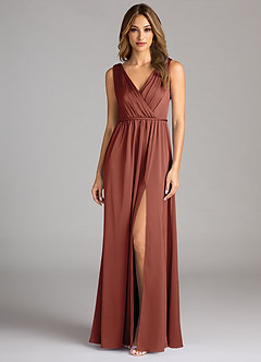 Azazie Tanicia Bridesmaid Dresses Auburn A-Line Pleated Stretch Satin Dress image3