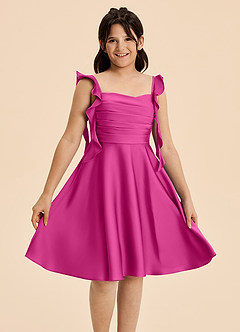 Azazie Kira Junior Vestido de Fucsia de Satén Elástico de Corte en A con Volante image3