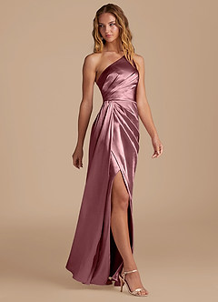 Azazie Mika Bridesmaid Dresses Vintage Mauve Sheath One Shoulder Metallic Satin Dress image4