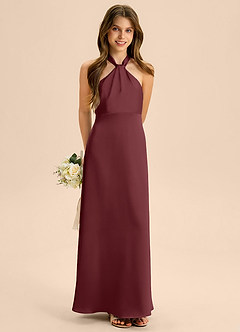 Azazie Beah Junior Cabernet A-Line Pleated Stretch Satin Dress image4