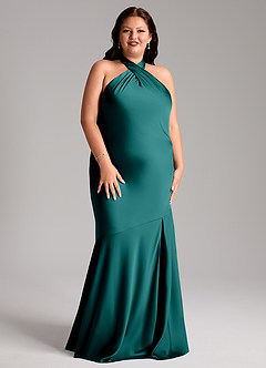 Azazie Lorena Brudtärnklänningar Klänning av Sjöjungfru i Stretch Satin Plisserad Påfågelblå image9