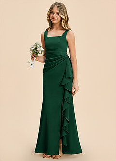 Azazie Adrienne Junior Robe Fourreau en Satin extensible Plissé Vert Foncé image1