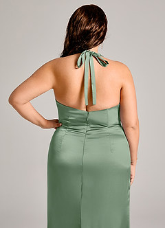 Azazie Valerie Vestidos de damas de honor Vestido de Matcha de Satén Elástico de Corte Sirena con Plisado image8