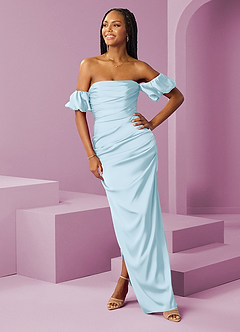 Barbie ♥ Azazie Bridesmaid Dresses Sky Blue Sheath Off the Shoulder Stretch Satin Convertible Dress image3