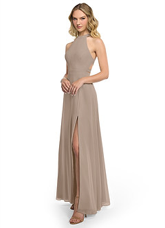 Azazie Clarice Bridesmaid Dresses Taupe A-Line Halter Chiffon Dress image2