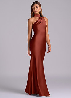 Azazie Seona Robes de demoiselle d'honneur Robe Sirène en Satin extensible Une épaule Terracotta image5