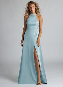 Azazie Clarice Bridesmaid Dresses Moody Blue A-Line High Neck Stretch Satin Dress image4