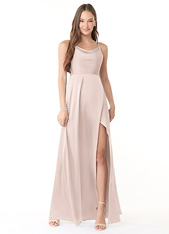 Azazie Naomie Bridesmaid Dresses Blushing Pink A-Line Cowl Neckline Side Slit Stretch Satin Dress image1