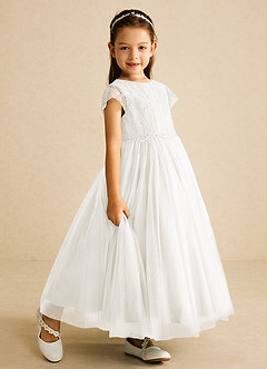 Azazie Bumblebee Flower Girl Dresses Ivory A-Line Lace Tulle Dress image2