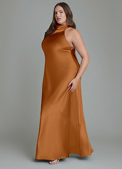 Azazie Velli Bridesmaid Dresses Copper Sheath High Neck Metallic Satin Dress image13