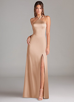 Azazie Elliana Bridesmaid Dresses English Rose A-Line Side Slit Stretch Satin Dress image4