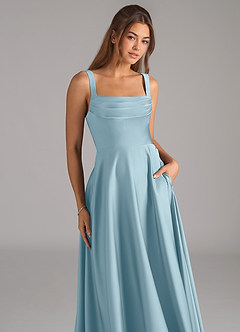 Azazie Shaude Robes de demoiselle d'honneur Robe Trapèze en Satin extensible Plissée Bleu Maussade image2