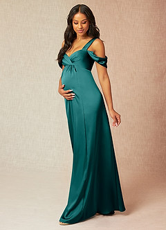 Azazie Rhea Robes de demoiselle d'honneur de maternité Robe Trapèze Épaule nue plissée Longueur ras du sol Satin extensible image3