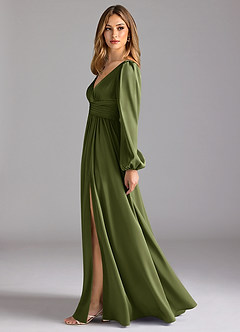 Azazie Norah Bridesmaid Dresses Olive A-Line Stretch Satin Dress image4