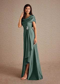 Azazie Branford Mother of the Bride Dresses Sea Moss A-Line Pleated Stretch Satin Dress image2