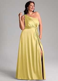 Azazie Brooke Robes de demoiselle d'honneur Robe Trapèze en Satin extensible Une épaule Canari image12