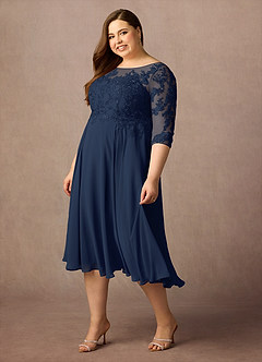 Azazie Marge vestidos de madre de la novia Vestido de Azul Marino Oscuro de Gasa de Corte En A con Encaje redondo image4