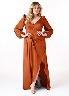 Azazie Mel Bridesmaid Dresses Burnt Orange Sheath Long Sleeve Stretch Satin Dress image7