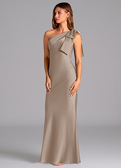 Azazie Yuanna Bridesmaid Dresses Taupe Mermaid One Shoulder Stretch Satin Dress image4