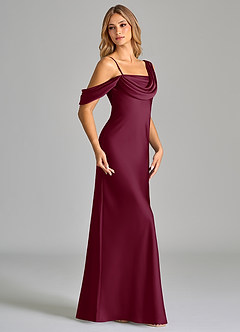 Azazie Celina Bridesmaid Dresses Mulberry Sheath Off the Shoulder Stretch Satin Dress image4