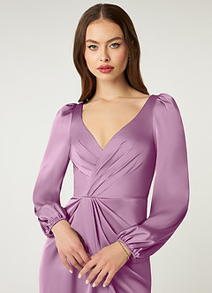 Azazie Mel Bridesmaid Dresses Wisteria Sheath Long Sleeve Stretch Satin Dress image5