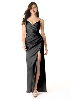 Azazie Sukia Vestidos de damas de honor Vestido de Negro de Satén Metálico de Corte Sirena con Plisado image1