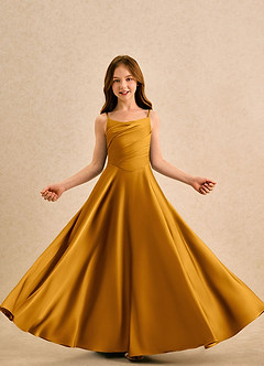 Azazie Coconut Girls Formal Sukienki dla dziewczynek sypiących kwiaty Linia A Pofałdowany Satyna elastyczna Długość podłogi Sukienka image5