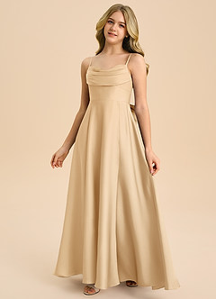 Azazie Bear Junior Vestido de Oro de Satén Elástico de Corte en A con Escote de Corazón image4