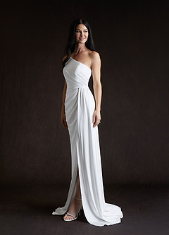Azazie Tipton At-home Try On Dresses Diamond White Sheath One Shoulder Crepe Back Satin Dress image4