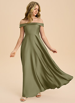 Azazie Sissy Junior Abito A-Line in Raso Elasticizzato a Spalla Scoperta Pistacchio image5