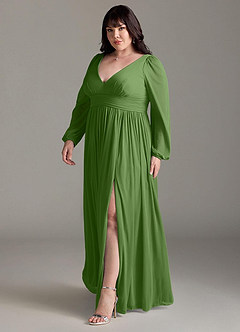 Azazie Norah Bridesmaid Dresses Basil A-Line V-Neck Long Sleeve Chiffon Dress image11