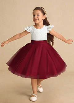 Azazie Vetty vestidos de niña de las flores Vestido de Marfil Burdeos de Tul de Corte En A con Encaje image5