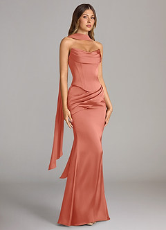 Azazie Sorrel Brautjungfernkleider Wandelbar Meerjungfrau-Linie Schulterfrei Stretch-Satin Kleid Lachsrosa image4